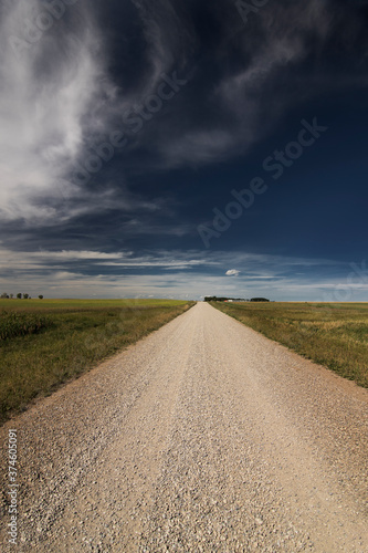 Scenic route down a rural gravel road along the Alberta prairies under a deep blue sky in Rocky View County.