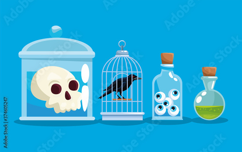Halloween jars with skull raven eyes and poison vector design