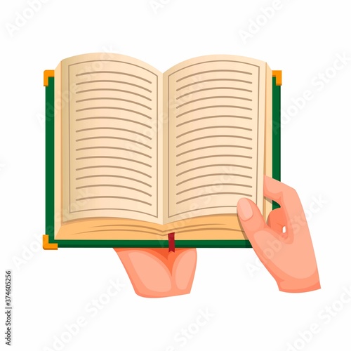 hand open and reading book, quran or bibble book religion literature symbol concept in cartoon illustration vector on white background