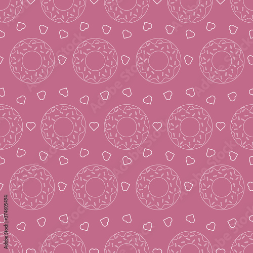 Donuts and hearts seamless pattern. Vector illustration.