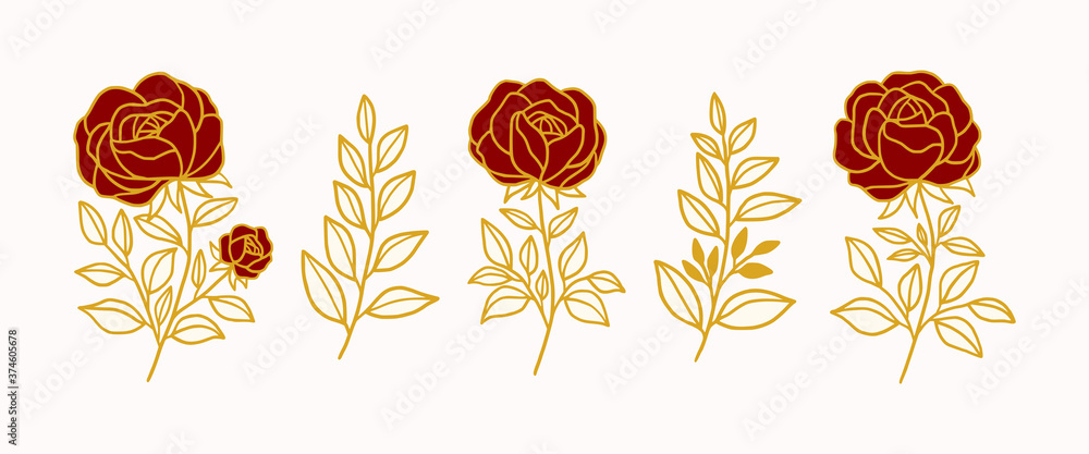 Vector feminine logo design in minimal style. Set of rose, peony flowers and botanical leaf branch. Collection of symbols, emblem and icons for cosmetics, jewellery, beauty and handmade products