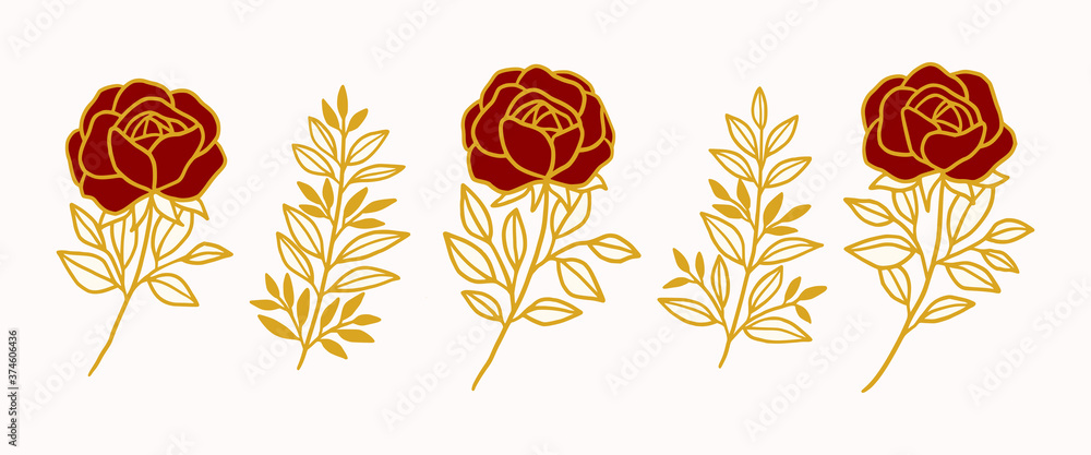 Vector feminine logo design in trendy linear minimal style. Set of rose, peony flowers and botanical leaf branch. Symbols, emblem and icons for cosmetics, jewellery, beauty and handmade products Vector feminine logo design in trendy linear minimal style. Set of rose, peony flowers and botanical leaf branch. Symbols, emblem and icons for cosmetics, jewellery, beauty and handmade products