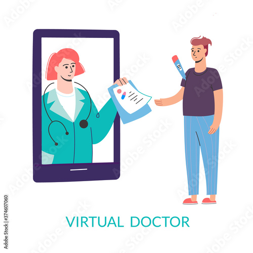Virtual doctor. Get sick leave online using your smartphone. Self-isolation, quarantine, pandemic. Mobile consultation, smart medical assistance. Modern telemedicine, cartoon character, vector