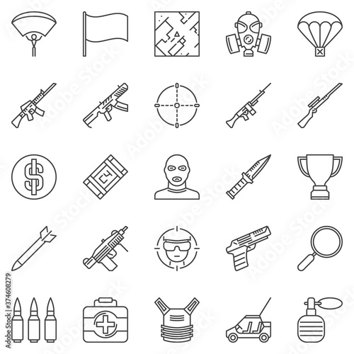 Battle Royale Video Game outline vector concept icons set