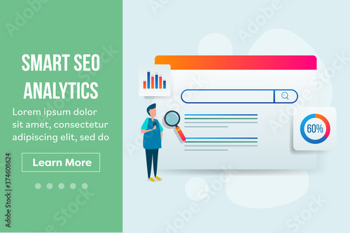 Search engine ranking concept. Businessman standing front of serp page and analysing seo data and information with magnifying glass. Web banner template with text.