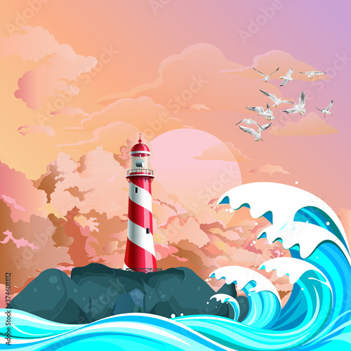 Lighthouse on rocky offshore outcrop providing protection to shipping with high ocean waves set against a dawn or dusk pink sky