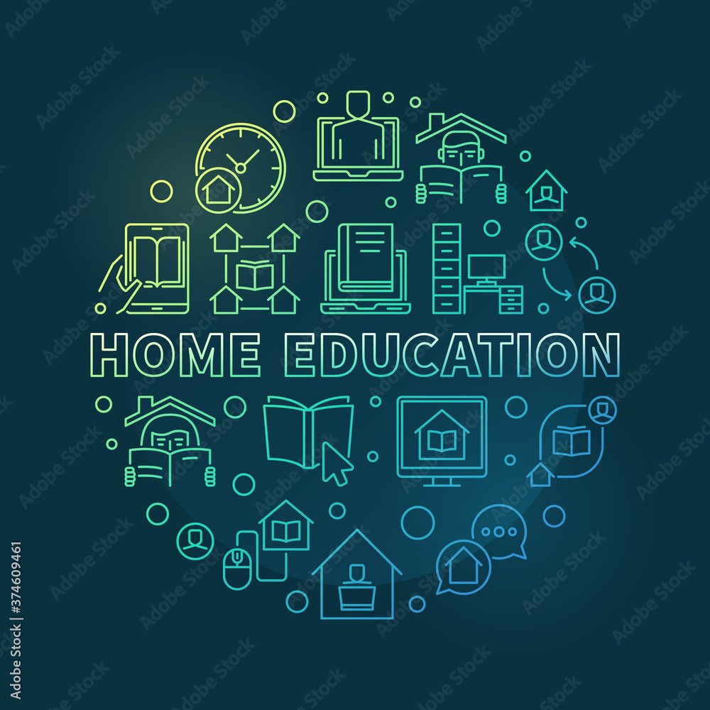 Vector Home Education concept round colorful outline illustration on dark background