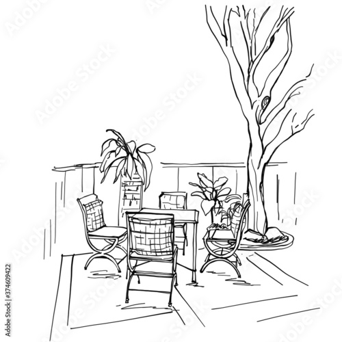 Sketch hand drawn Steel table, chair set For outdoor relaxation Decorated with nature in a coffee shop, Illustration