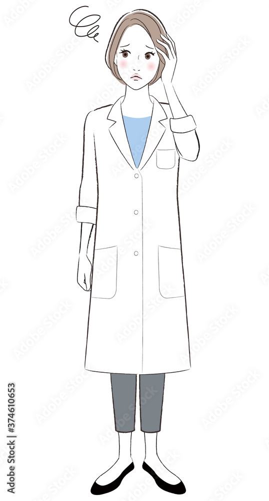 A doctor woman wearing white lab coat having headache A doctor woman wearing white lab coat having headache