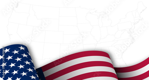 American flag in motion, fluttering in wind on background map with borders of states of America. Main star and striped symbol of USA. Template for holiday design