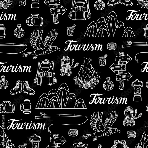 Vector seamless pattern on the theme of tourism and travel. Background with isolated  symbols of camping equipment, wild birds, nature on black color
