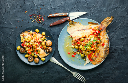 Fried plaice with vegetables