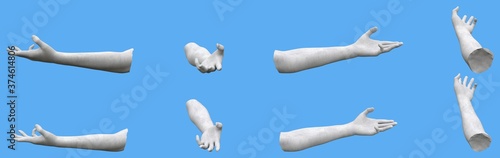 8 white concrete statue hand realistic renders isolated on blue, lights and shadows distribution example for artists or painters - 3d illustration of object