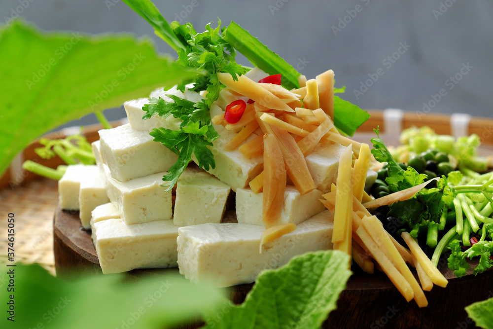 Raw material for fried tofu cook with sauce and ginger, simple homemade vegan food Raw material for fried tofu cook with sauce and ginger, simple homemade vegan food