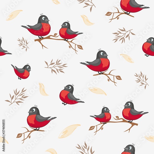 Seamless image with bullfinches on a branch. Drawing with red birds on a white background