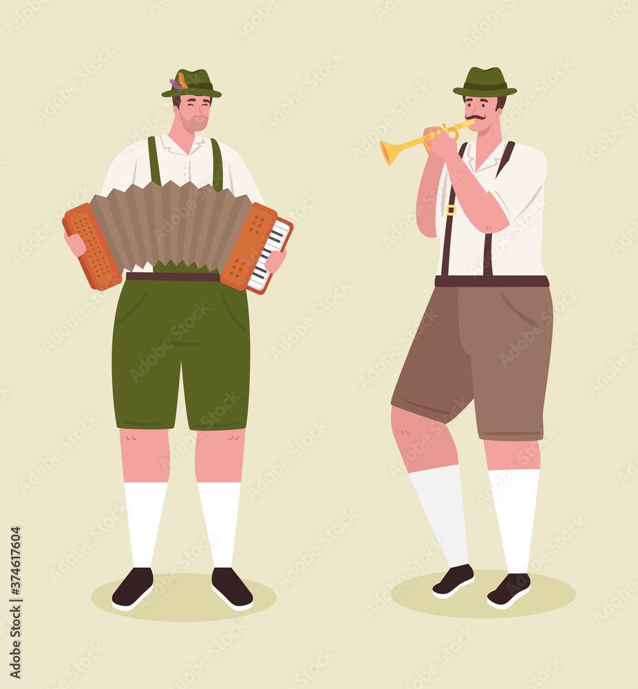 men cartoons with traditional cloth accordion and trumpet design, Oktoberfest germany festival and celebration theme Vector illustration men cartoons with traditional cloth accordion and trumpet design, Oktoberfest germany festival and celebration theme Vector illustration