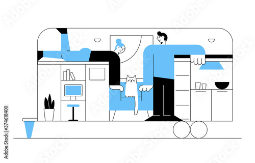 Autonomous tiny house with couple and cat. Young woman lies and looking at a man. Small house with kitchen, laptop, plant, armchair, window. Concept tiny home. Vector flat illustration