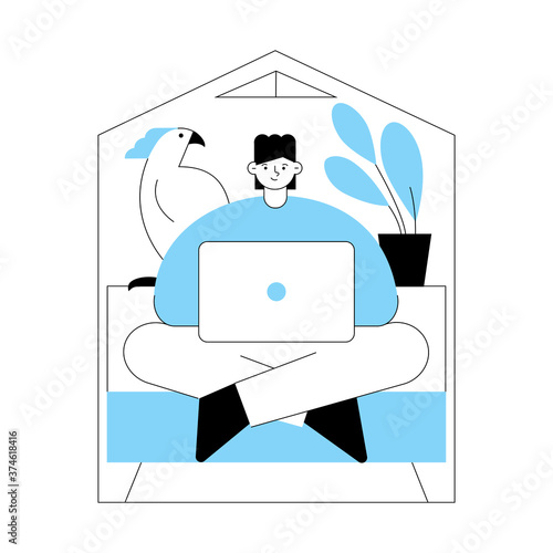Vector flat illustration of tiny compact house, boy with laptop on sofa, plant, parrot in interior isolated on white background. Design for banners, posters, landing pages, web design, etc.