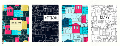 Photo Set of cover page vector templates based on seamless patterns with cityscapes, historic buildings, archways