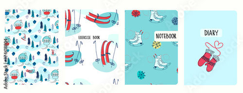 Set of cover page vector templates based on seamless patterns with winter landscapes, snow, skis, skates. Perfect for exercise books, notebooks, diaries, presentations