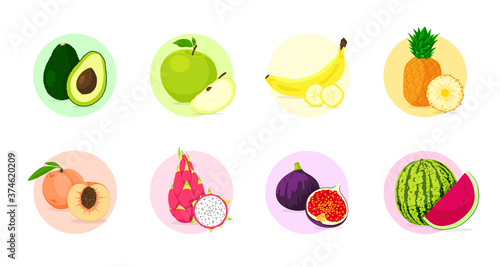 Fruit collection. Flat illustrations set. Tropical ingredients. Graphic design elements.