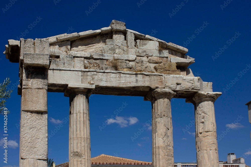 Detail through sky of hadrian library ruin in Athens, Greece
