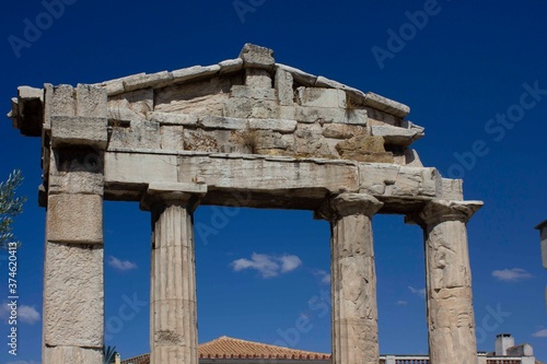 Detail through sky of hadrian library ruin in Athens, Greece