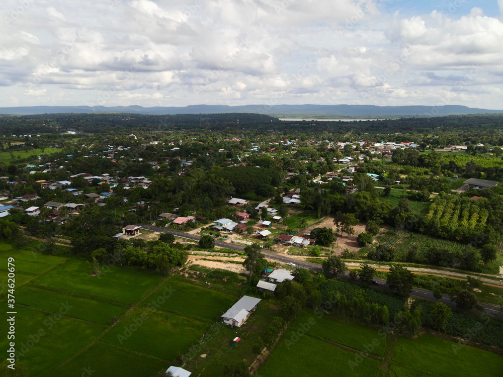 Top view Rural village landscape. at phusing sisaket thailand.