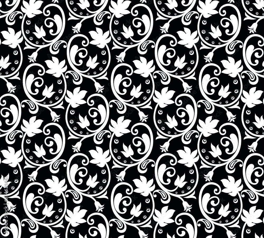 Seamless black background with white pattern in baroque style. Vector retro illustration. Ideal for printing on fabric or paper for wallpapers, textile, wrapping. Seamless black background with white pattern in baroque style. Vector retro illustration. Ideal for printing on fabric or paper for wallpapers, textile, wrapping.