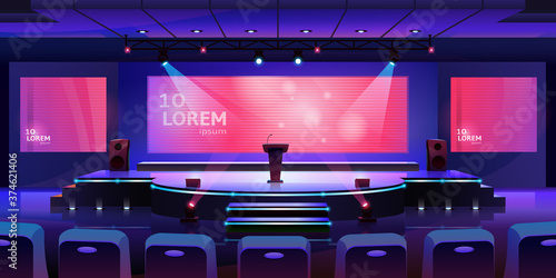 Stage for event or conference with tribune, convention hall for presentation or concert, vector background. Modern empty stage with speaker podium, chair seats and projector display monitors on screen