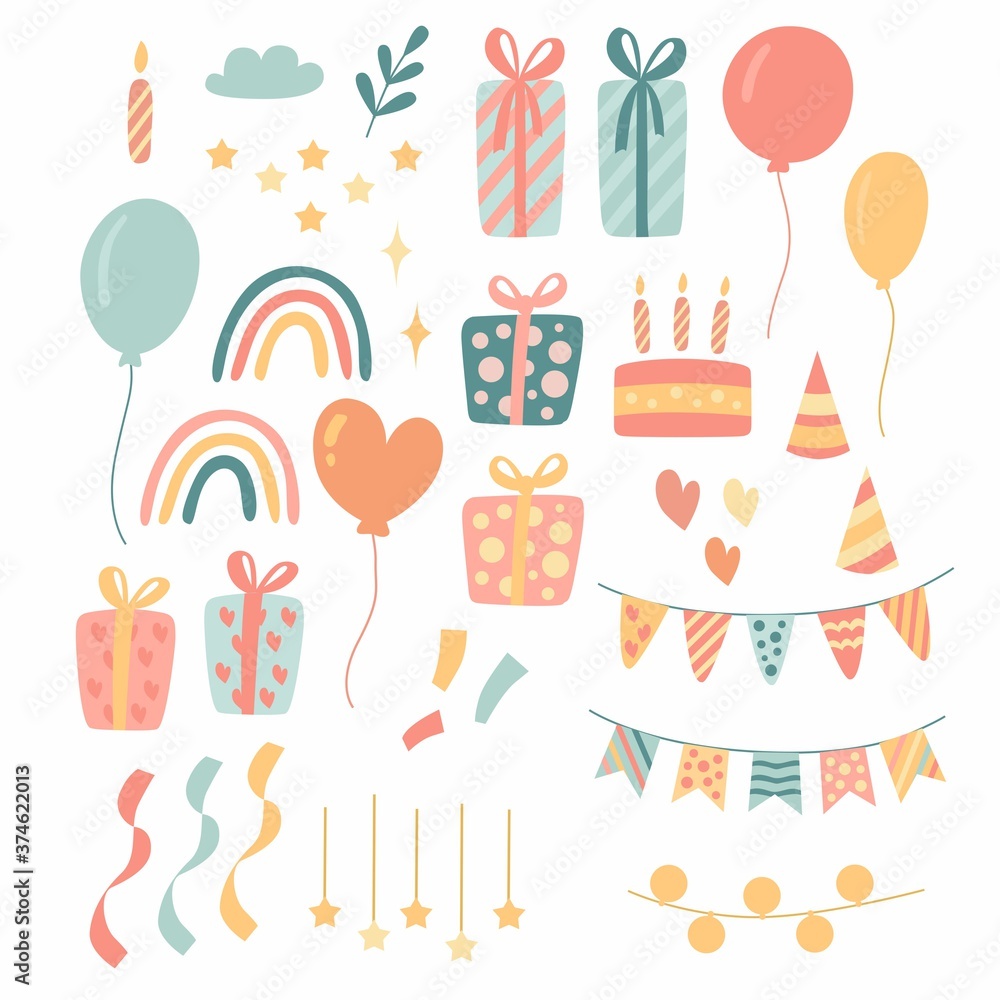 Vector set of bright holiday elements: balloons, gifts, confetti and ribbons, cake and candles, flags and caps, stars in pink, blue and yellow.