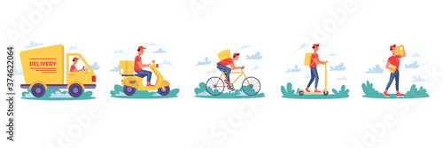 Delivery service, couriers delivering parcel boxes on bicycle and moped scooter, vector isolated flat cartoon icons. Express delivery truck, courier man or boy delivering yellow parcels or post boxes