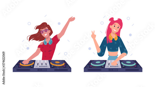 DJ girls play music in headphones, spinning discs at turntable, vector isolated flat set. DJ girl or woman at party club with vinyl discs mixer playing music records at nightclub or summer party