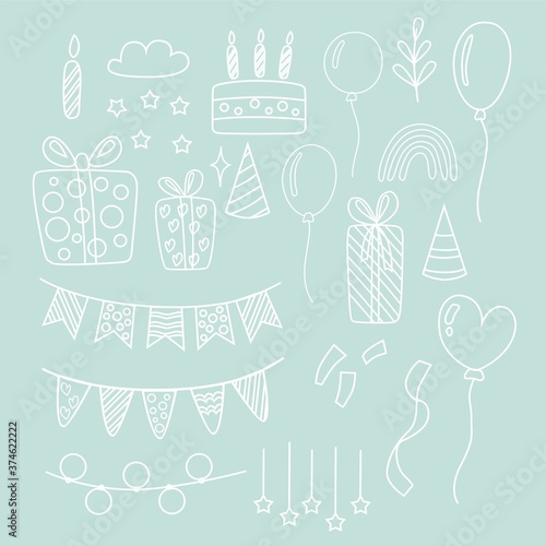A set of white contour holiday elements  balloons  caps  garlands  cake  gifts  confetti and ribbons  candles. Vector illustration for creating patterns.