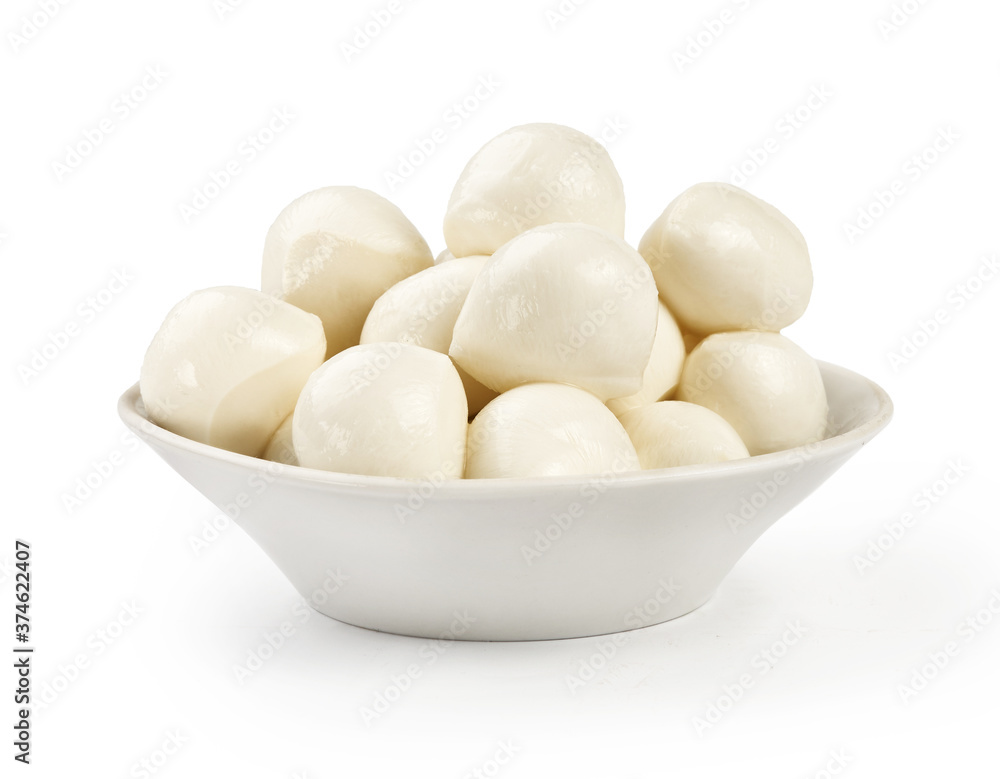 Mozzarella balls in white bowl isolated on white background. Mozzarella balls in white bowl isolated on white background.