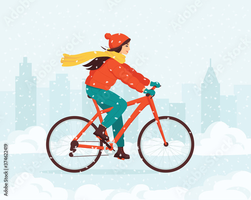 Young happy woman rides a bike in a snowy city park in winter. Сoncept of outdoor activities in the cold season. Ecological vehicle of transportation. New Year Christmas holidays. Vector illustration