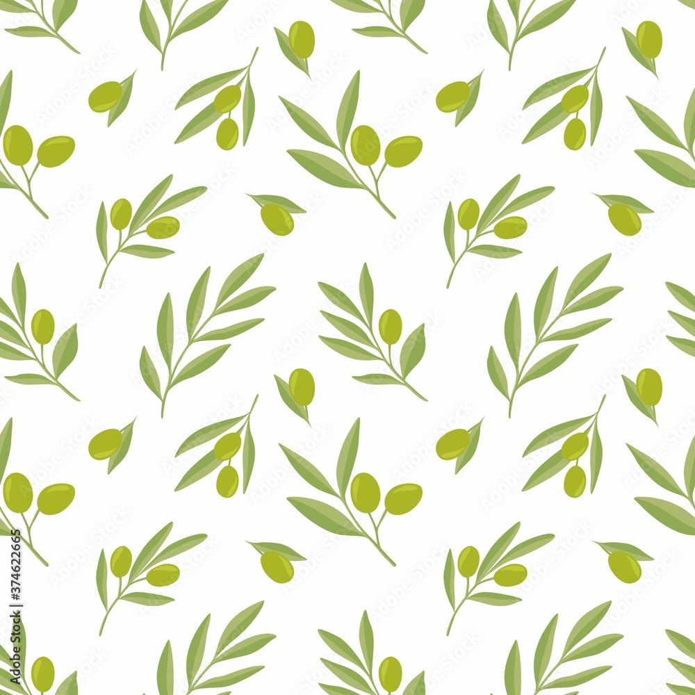 Seamless pattern of olive branches in vector on a white background in green.