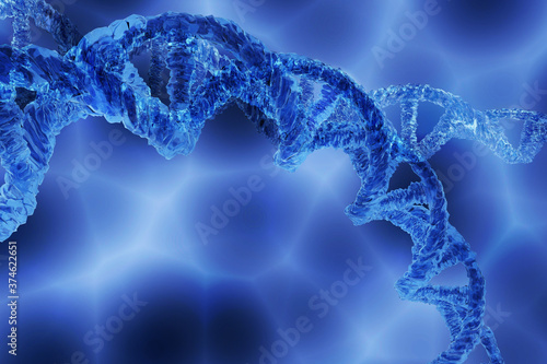 DNA molecule helix spiral with bright glowing blue plasma background.Medical science biotech concept.3d illustration and rendering.