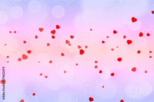 Pile of red heart flying on sweet bokeh gradient pastel color background.