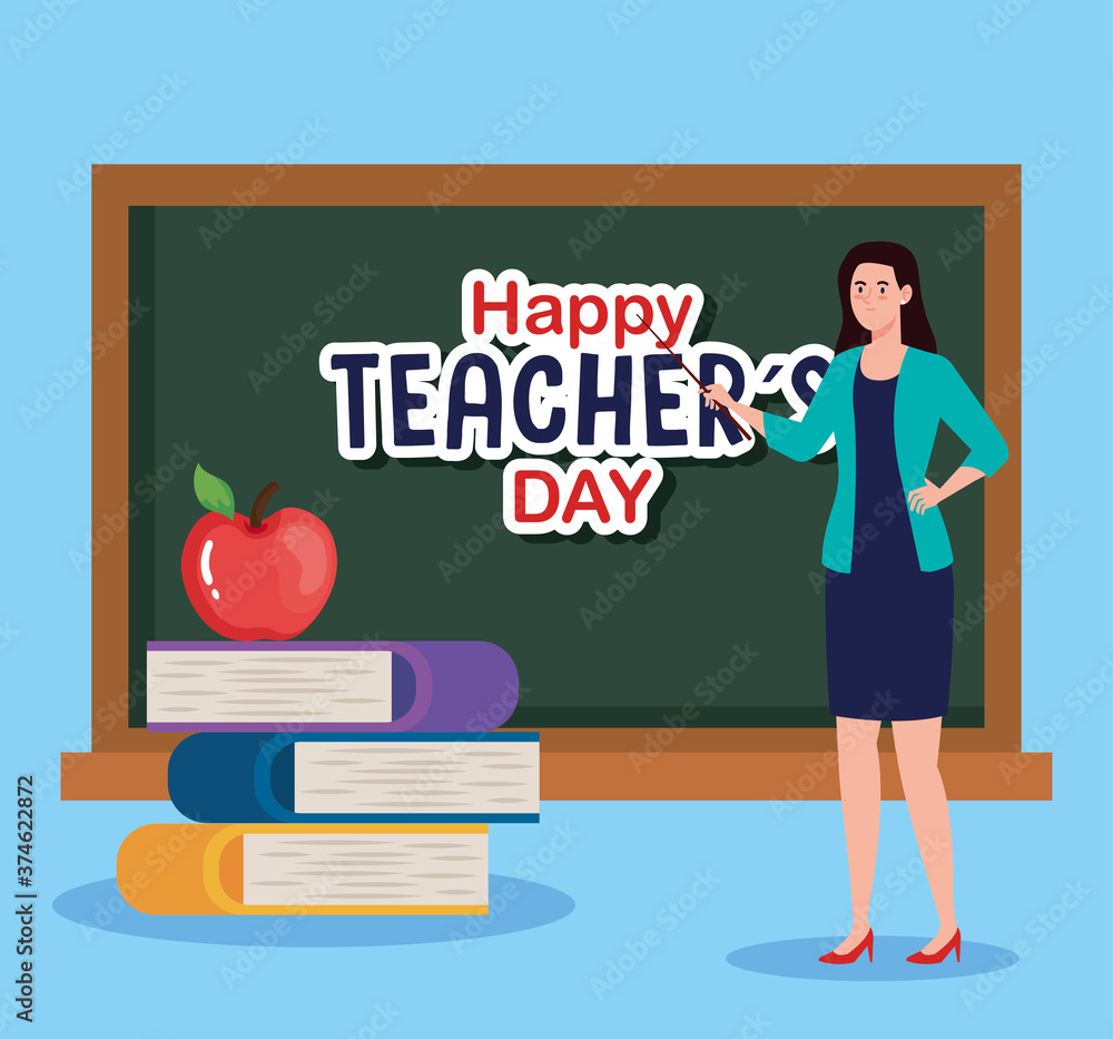 woman teacher with green board and books design, Happy teachers day celebration and education theme Vector illustration woman teacher with green board and books design, Happy teachers day celebration and education theme Vector illustration