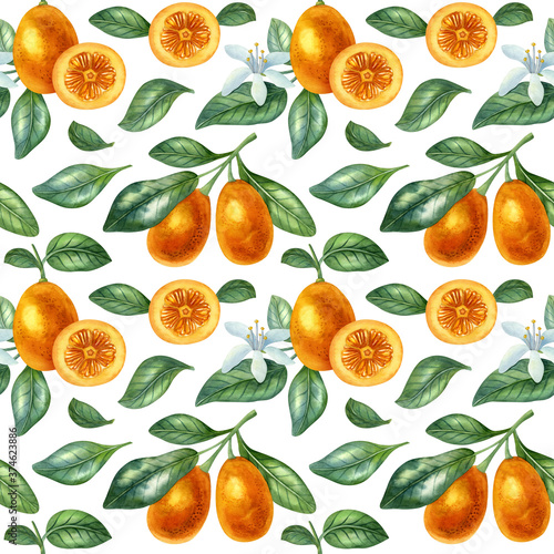 Watercolor seamless pattern with kumquat  citrus flowers and leaves on the light background. Bright cartoon hand-painted illustration.