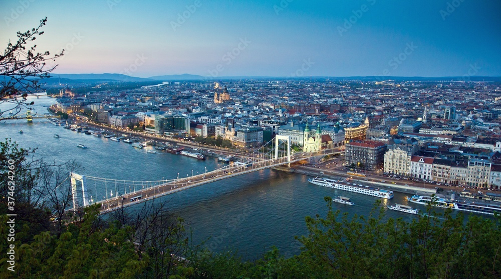 Amazing panorama view of Danube river, Elizabeth Bridge and Pest part of the city from Gellert hill in the evening. Budapest, Hungary..