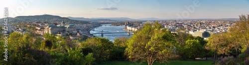 Great panorama view of Danube river, Elizabeth Bridge and Pest part of the city from Gellert hill. Budapest, Hungary..