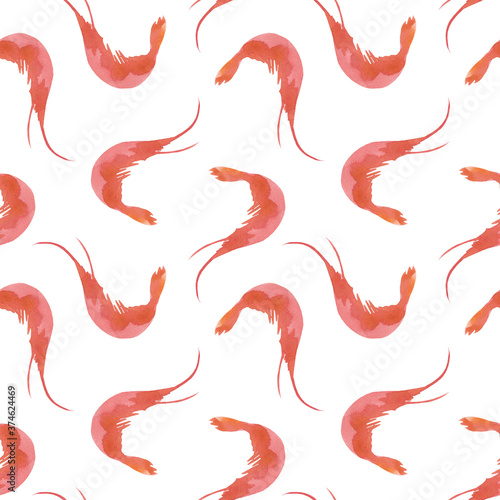 Seamless watercolor pattern with shrimps. Seafood, sea, food, protein. For textiles, wallpaper, packaging, cover, etc.