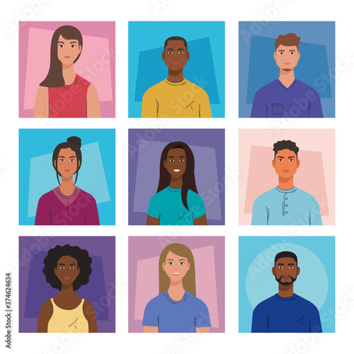 women and men cartoons in frames design, diversity people multicultural friends and multiethnic theme Vector illustration