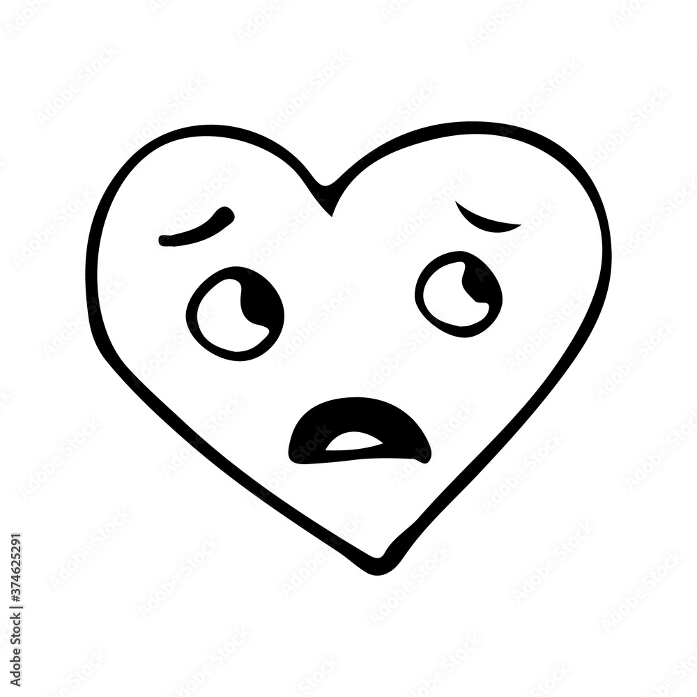 Shocked emoticon heart shape doodle illustration. Hand drawn heart shape shocked emoticon