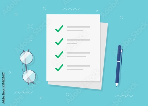 To do task form check list checkmarks as paper sheet on working desk vector flat lay, completed things done, idea of test survey or examination poll modern design