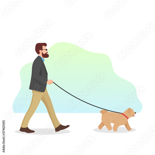 Man walking a dog. Dog walking concept. Blind man guided by puppy. Pet icon sign or symbol. Dog on leash. Guy with companion friend - Flat vector character illustration.