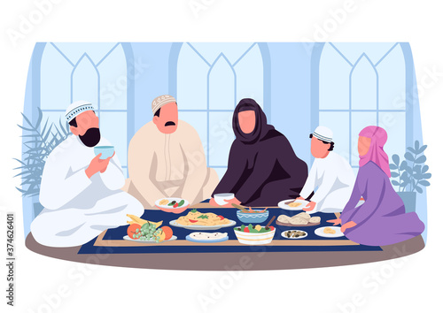 Muslim traditional dinner 2D vector web banner, poster. Eat lunch on tablecloth. Arabian family flat characters on cartoon background. Cultural customs printable patch, colorful web element