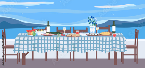 Greek dinner flat color vector illustration. Table with national cuisine. Traditional culinary in Greece for recreation and getaway. Festive furniture 2D cartoon object with seascape on background